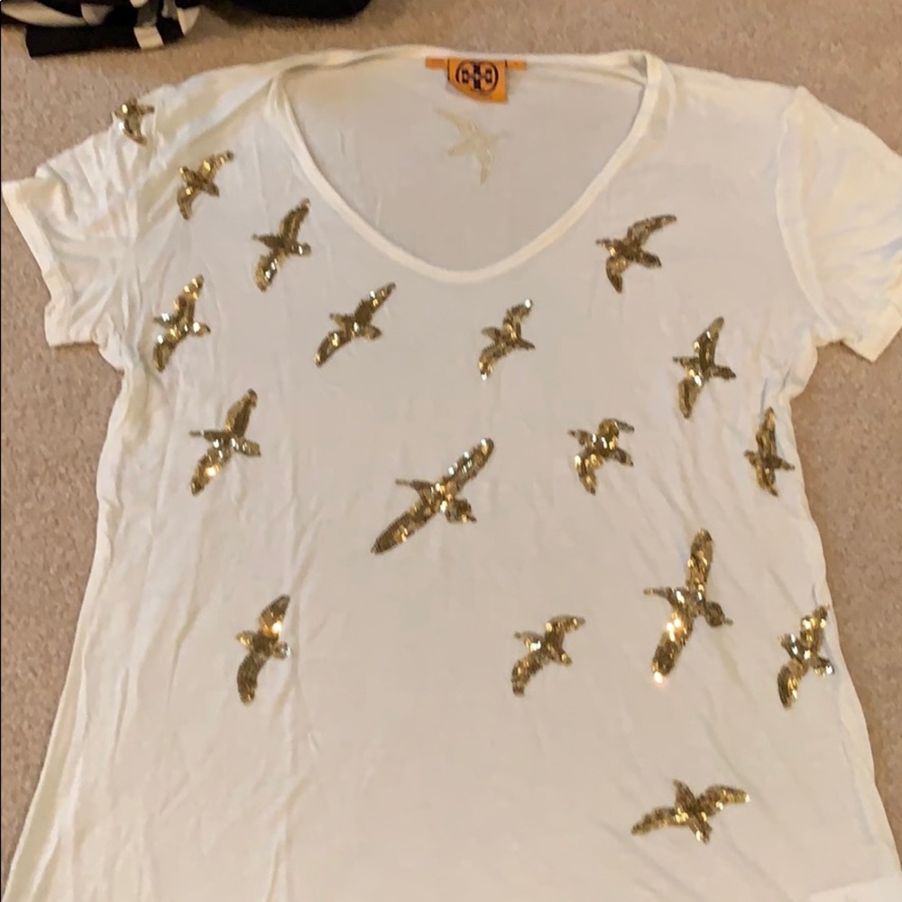 Tory Burch white T-shirt with gold sequin birds